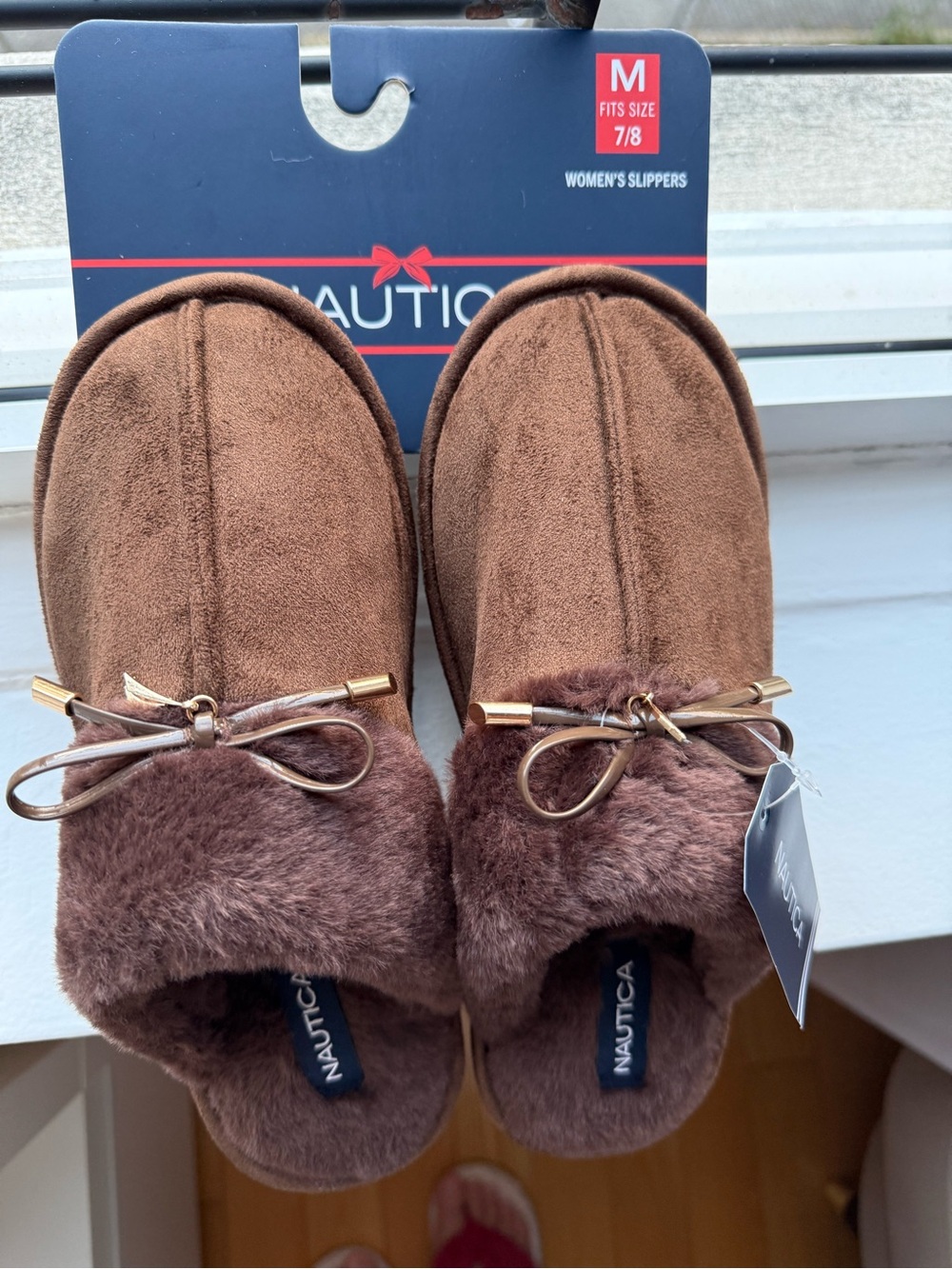 Nautica Women's Chocolate Brown Faux-Fur Slip-On Slippers with Bow